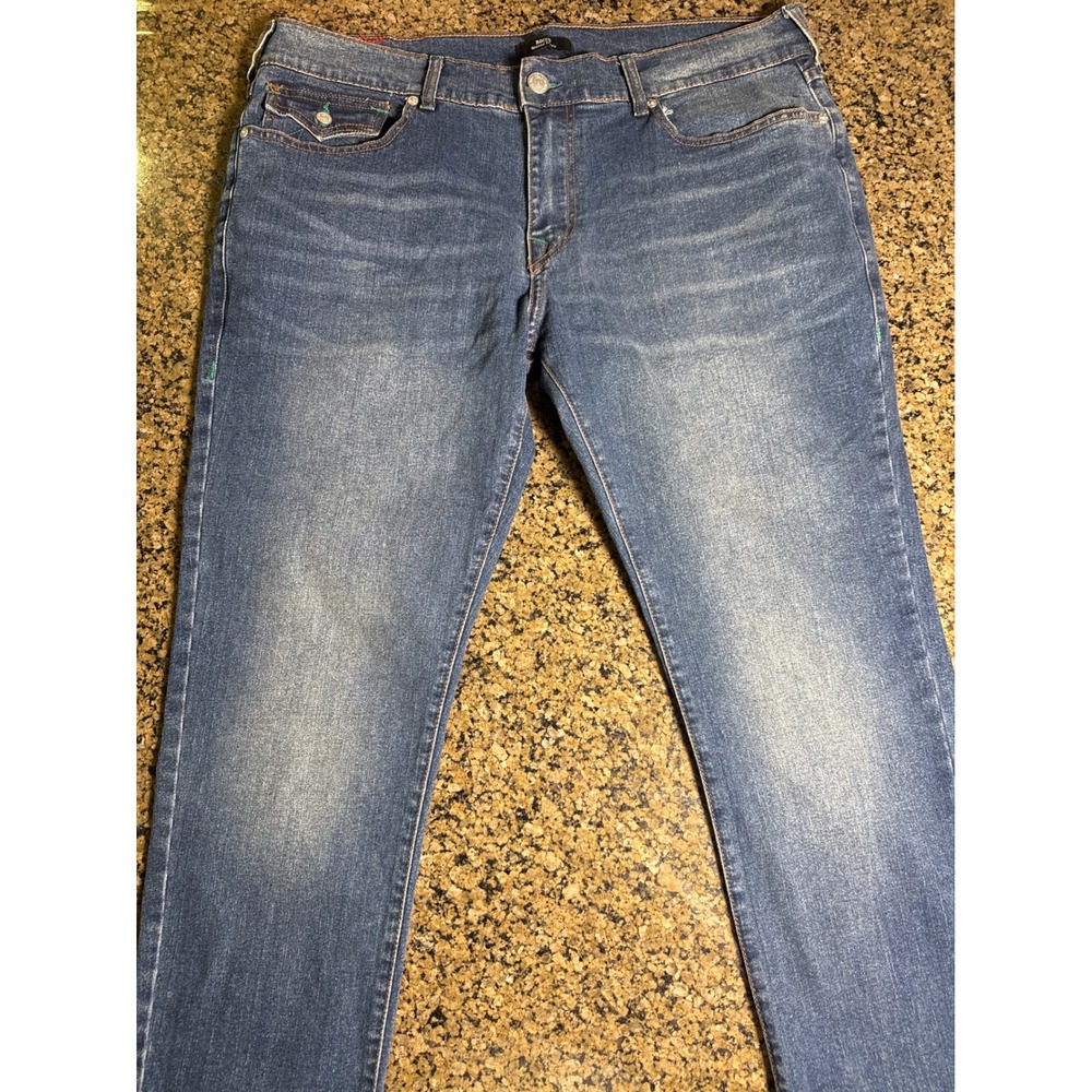 True Religion Rocco Relaxed Skinny Jeans Mens 38 Medium Wash Teal Stitching